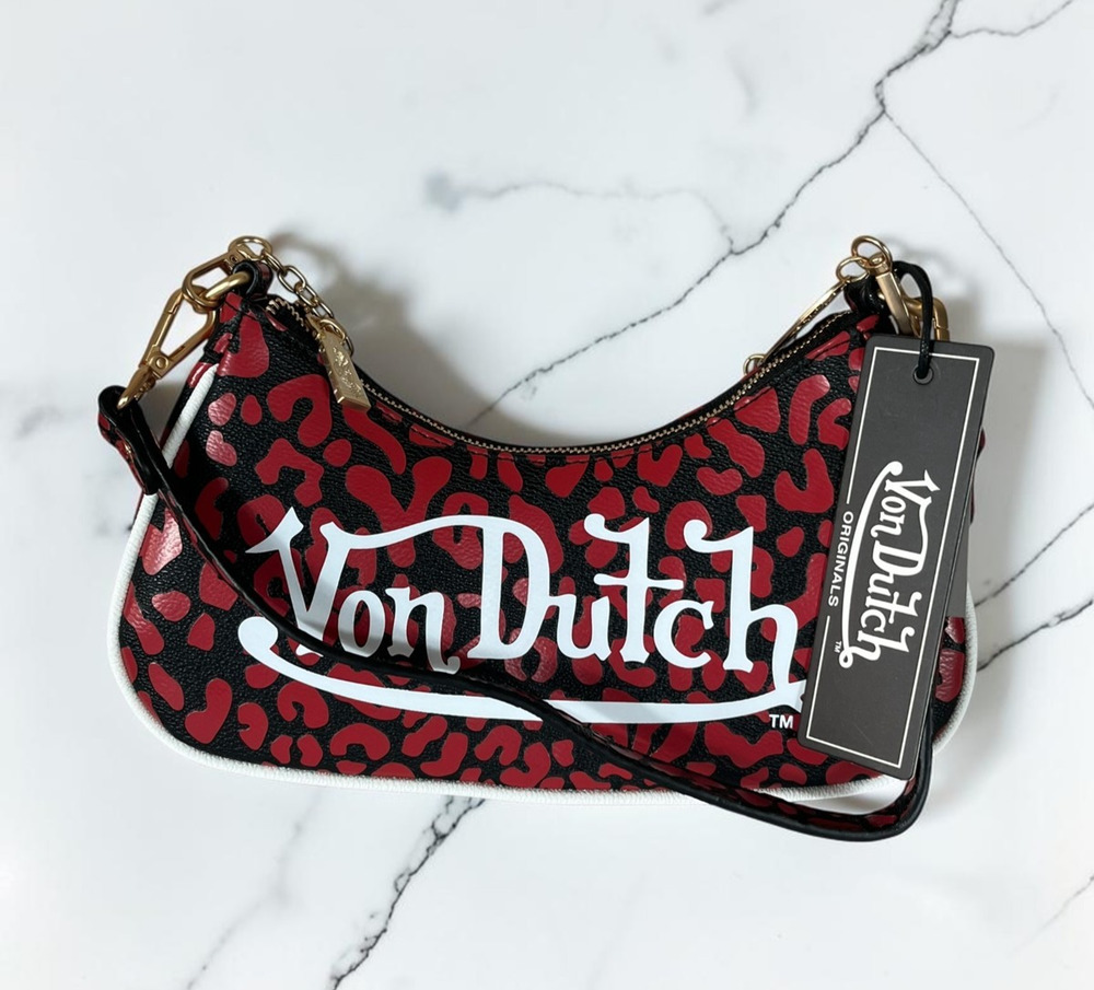 Von Dutch Red Black Leopard Logo Shoulder Crossbody Bag Gold Chain Y2K NWT